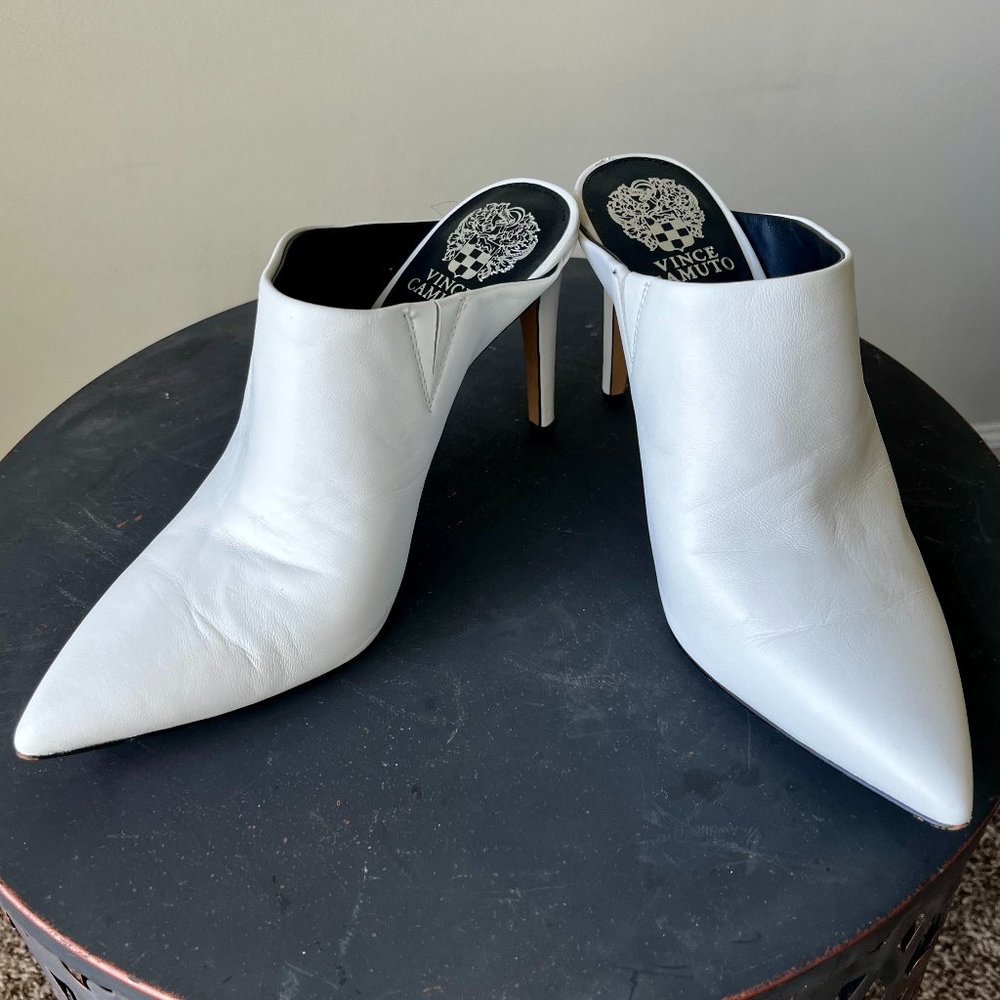 White Leather Vince Camuto 3-inch Mules